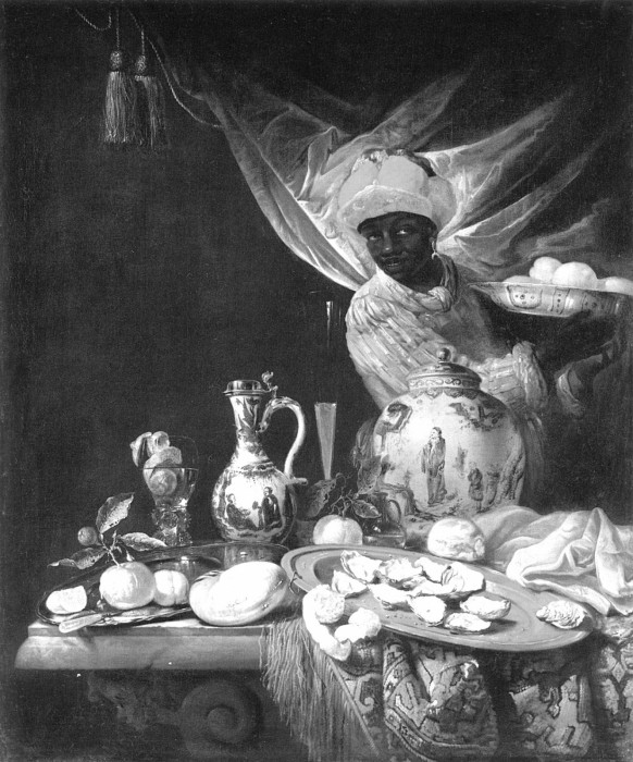 Юриан ван Стрек. «Натюрморт с мавританским слугой и фарфоровой посудой», ок. 1670. Чернокожий раб здесь такой же товар, как устрицы или фарфор, и его присутствие вовсе не приближает натюрморт к области фигуративной живописи.