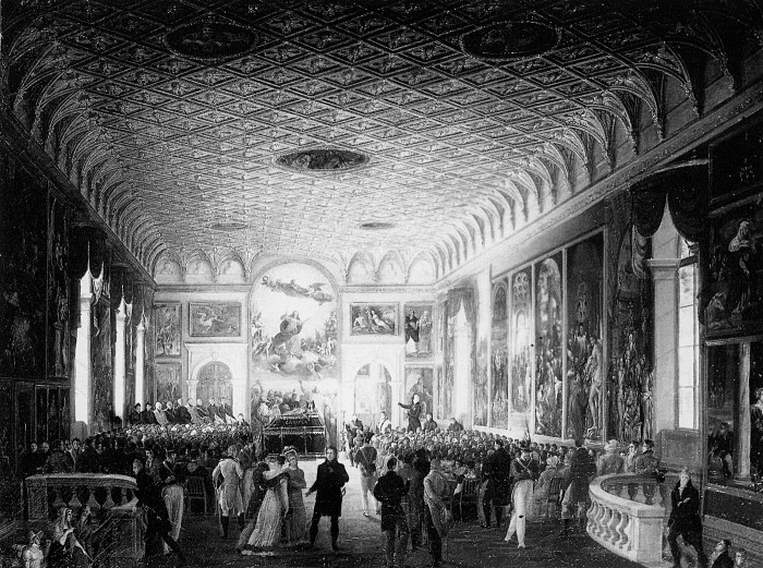 "Чествования Кановы" Джузеппе Борсато в зале собраний "Scuola della Carità" (1822) показывает, как выглядел этот зал во времена открытия Академии